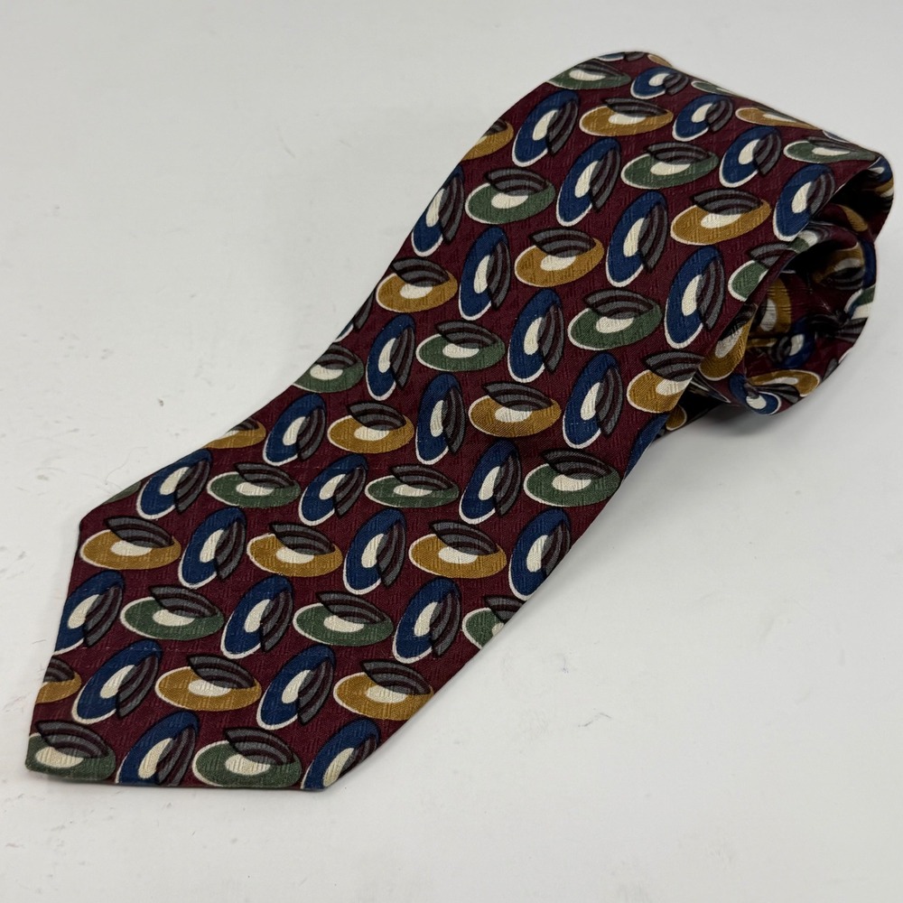 Preswick‎ & Moore Mens Silk Tie Burgundy Geometric Oval Hand Sewn USA Made Wide